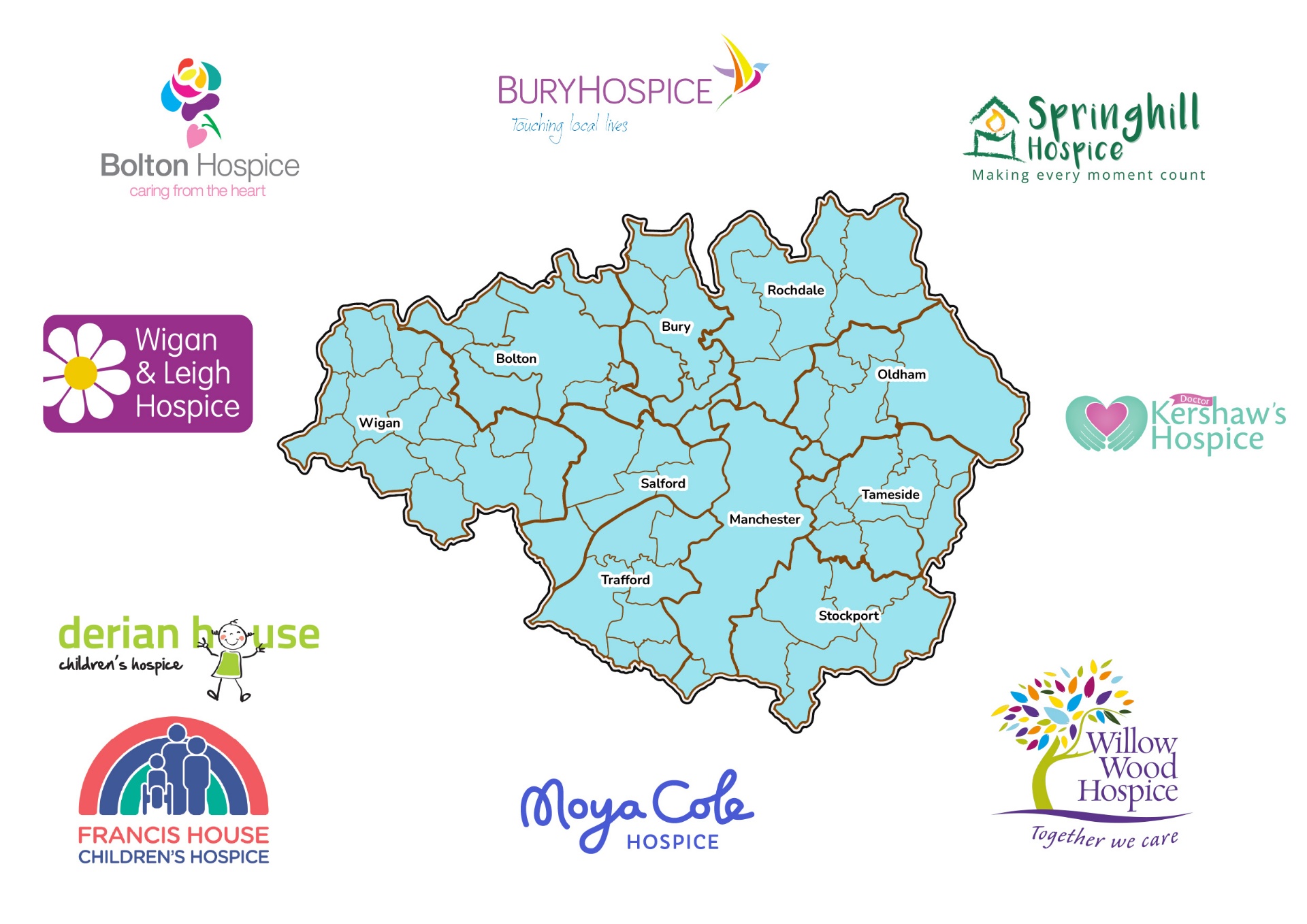 Map of Greater Manchester showing the nine member hospices and the boroughs they serve